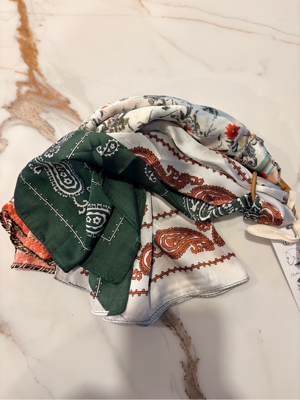 Anthropologie Silk Paisley Print Elastics with Headscarf attachment Set of 2